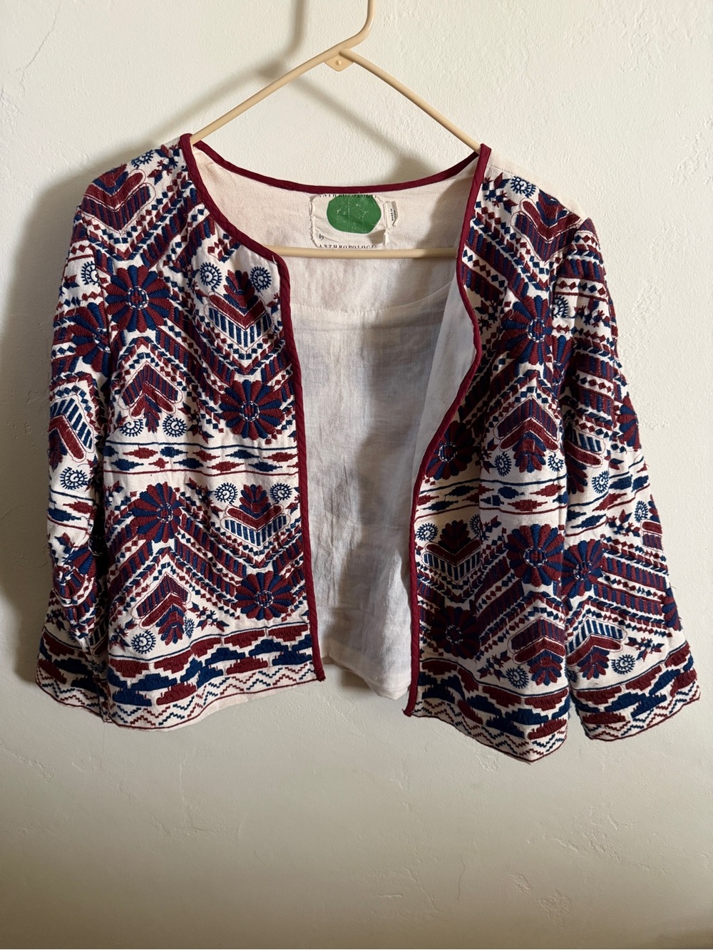 Anthropologie Embroidered Open-Front Jacket in White, Navy & Burgundy size M
